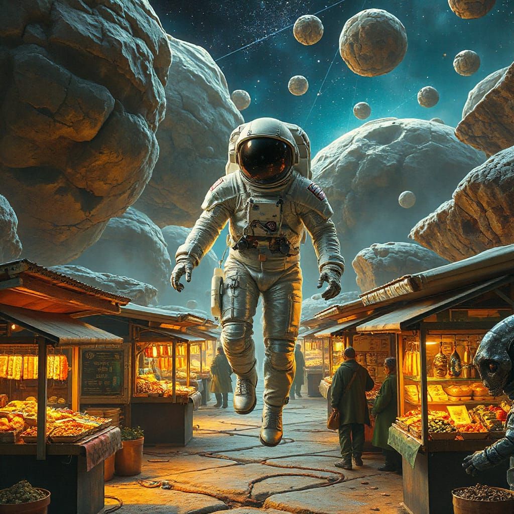 Astronaut at Intergalactic Market in Digital Art Style