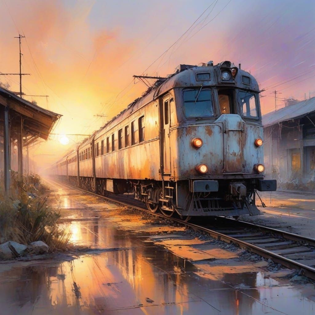 Ethereal Sunset at Deserted Train Station in Watercolour Sty...