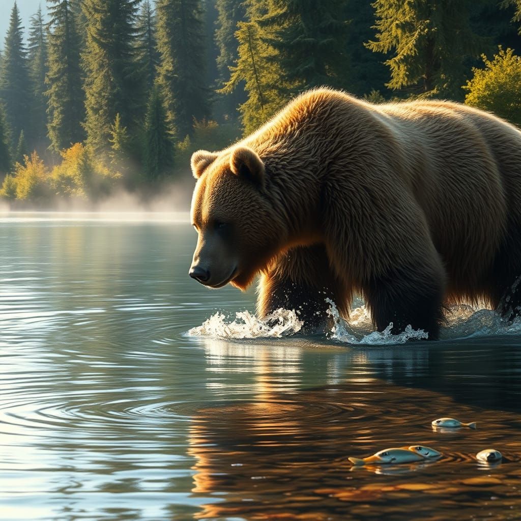 Honey-Brown Grizzly Bear Hunts for Fish in Serene River Land...