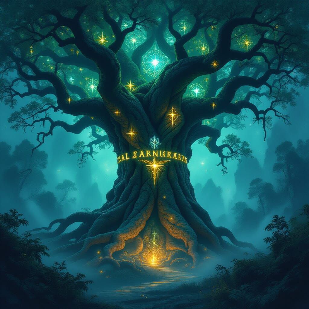 Ancient Cosmic Tree with Bioluminescent Flora