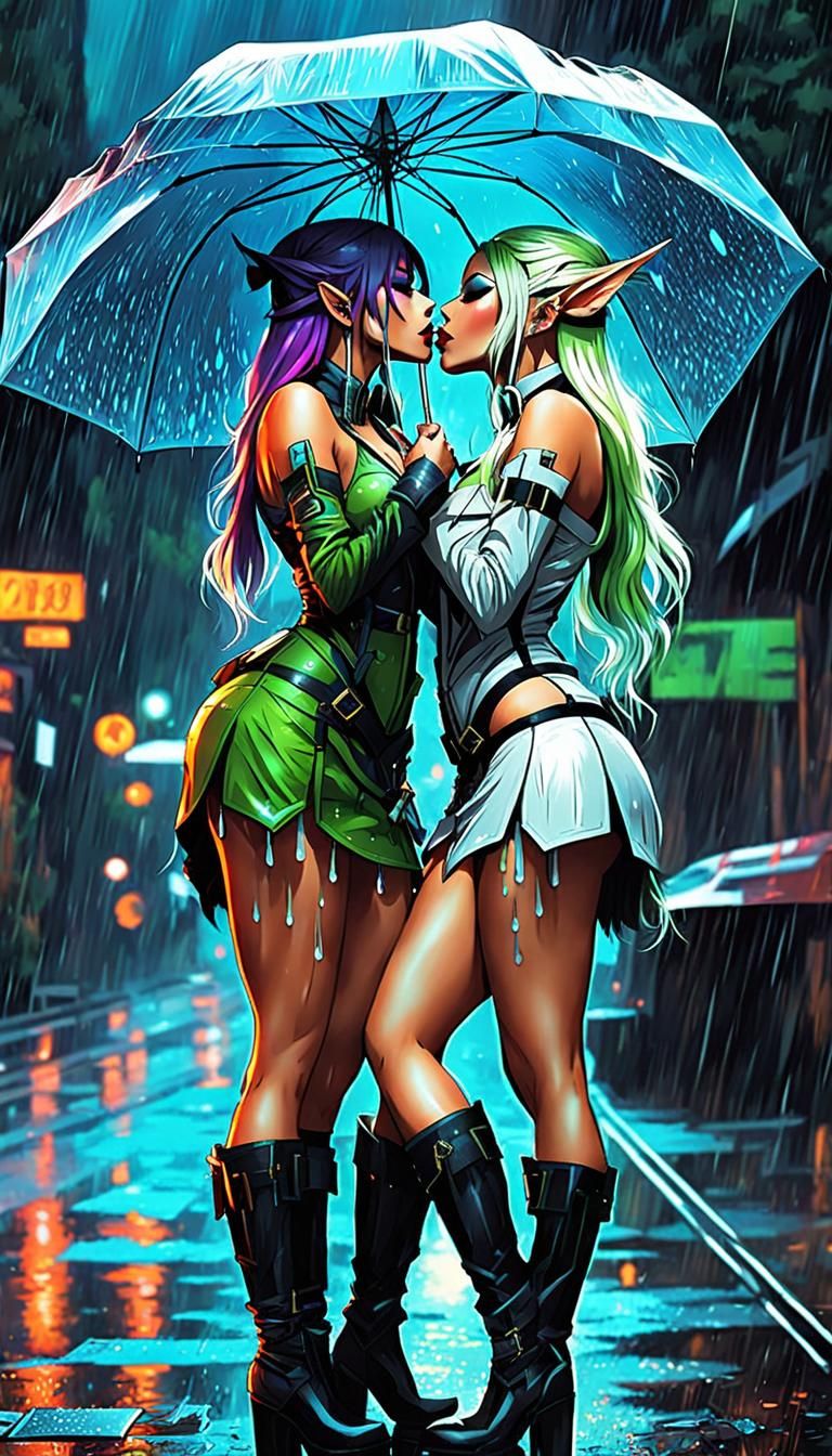 Anime Elf Girls Kissing in Dystopian Pop Art