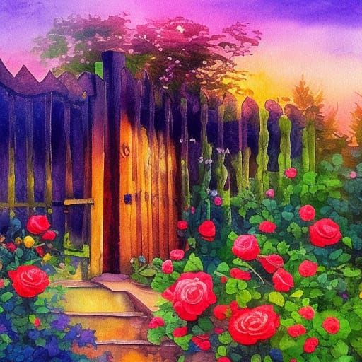 Sunset Roses on Garden Gate as Impasto Gouache