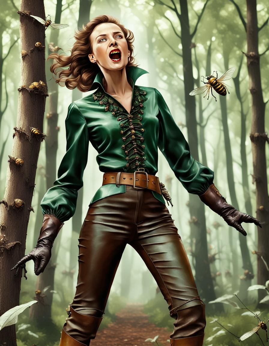Woman Attacked by Wasps in Forest, Hyperrealistic