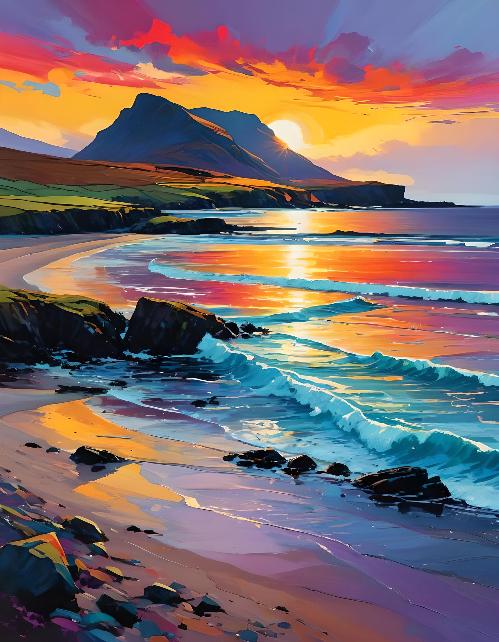 Scottish Beach Sunset in Expressionist Gouache Style
