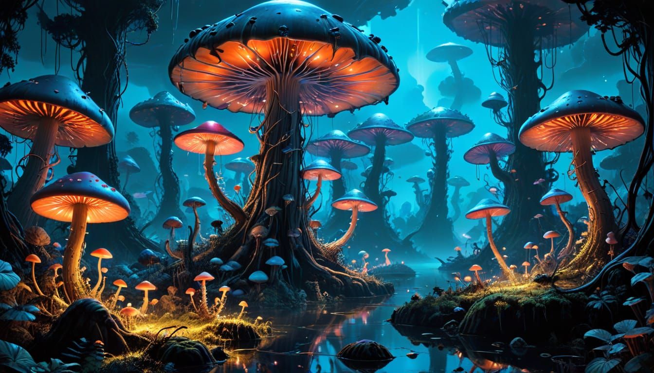 Bioluminescent Mushroom Forest at Twilight with Floating Isl...