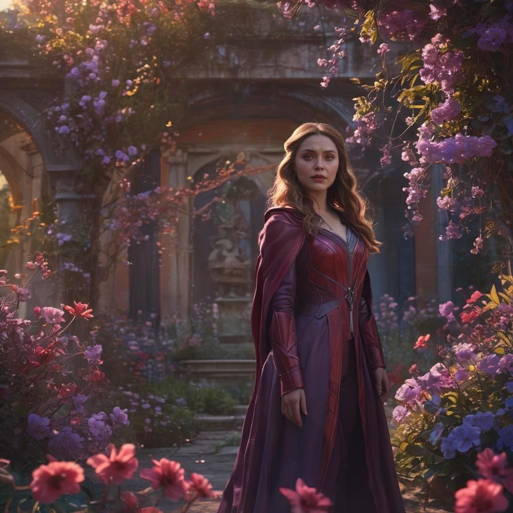 Scarlet Witch in Palace Garden: Detailed Matte Painting