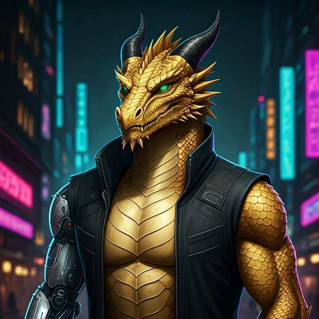 Cyberpunk Dragonkin in Dark Cityscape