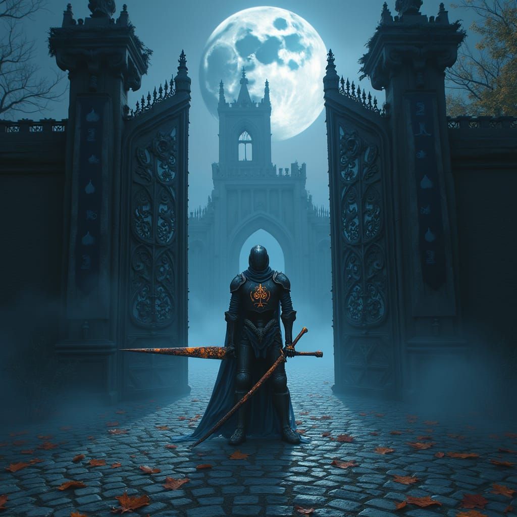 Dark Fantasy Skeleton Knight Vigilant Before Gothic Cathedra...