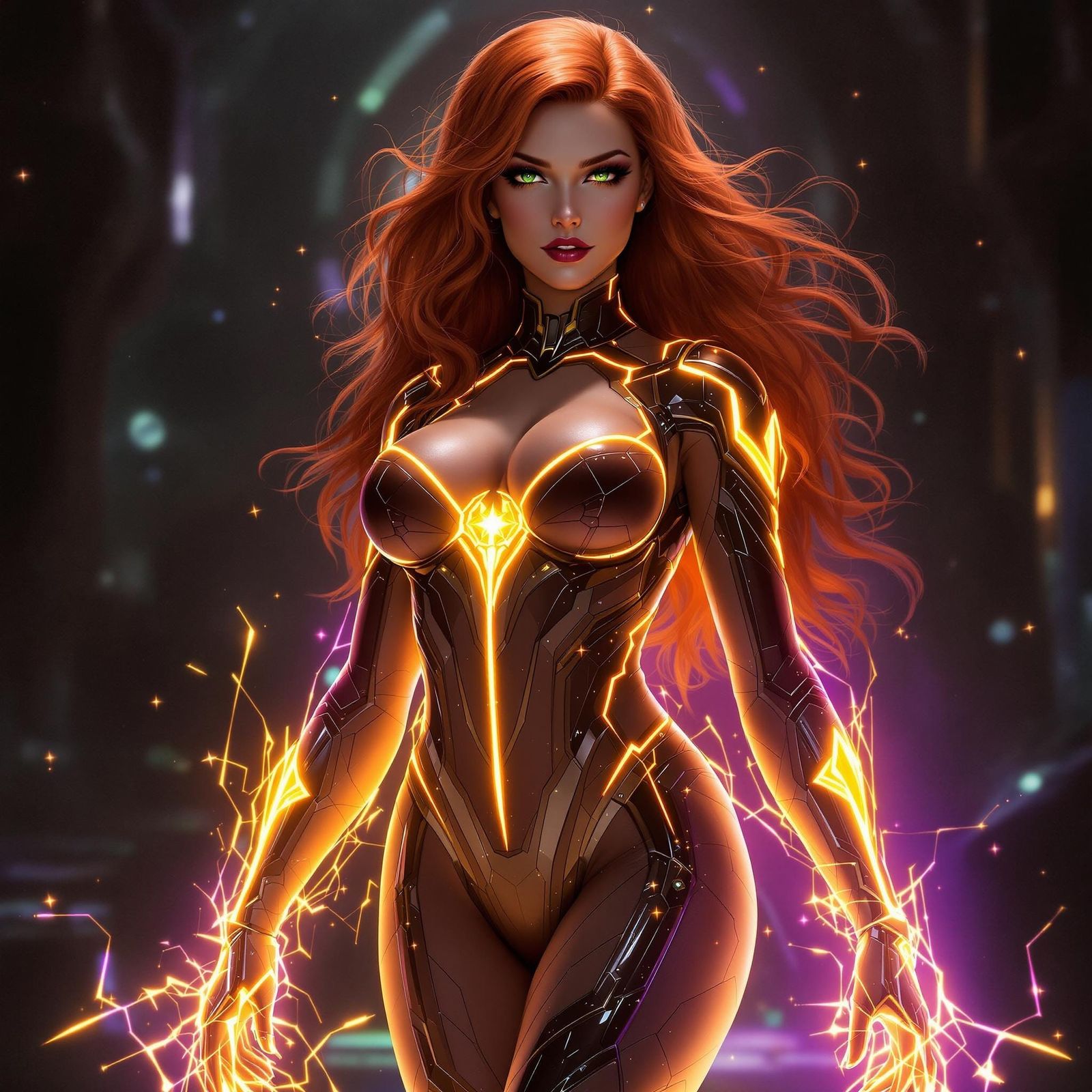 Glamorous Starfire in High-Tech Bodysuit, Dark Sci-Fi Backdr...