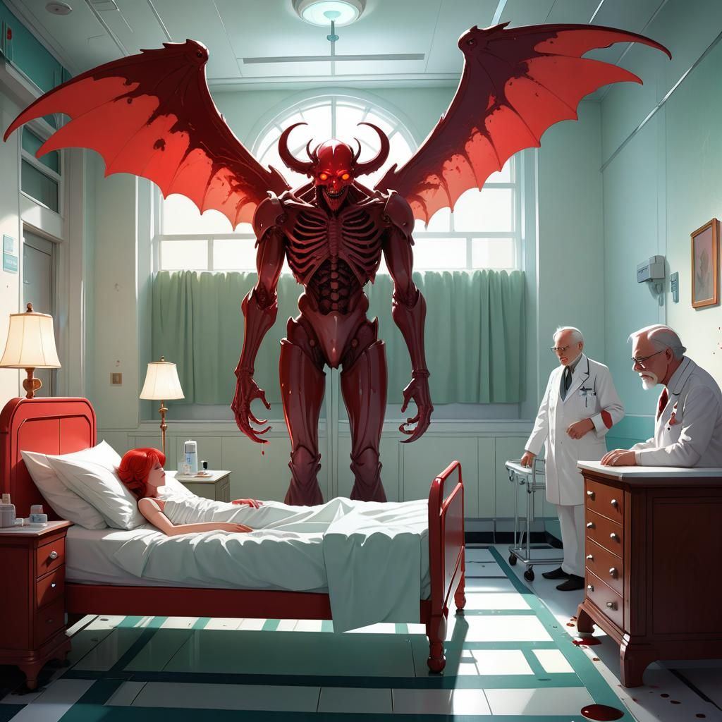 Demon Confronts Angel in Art Deco Hospital, Manga Style