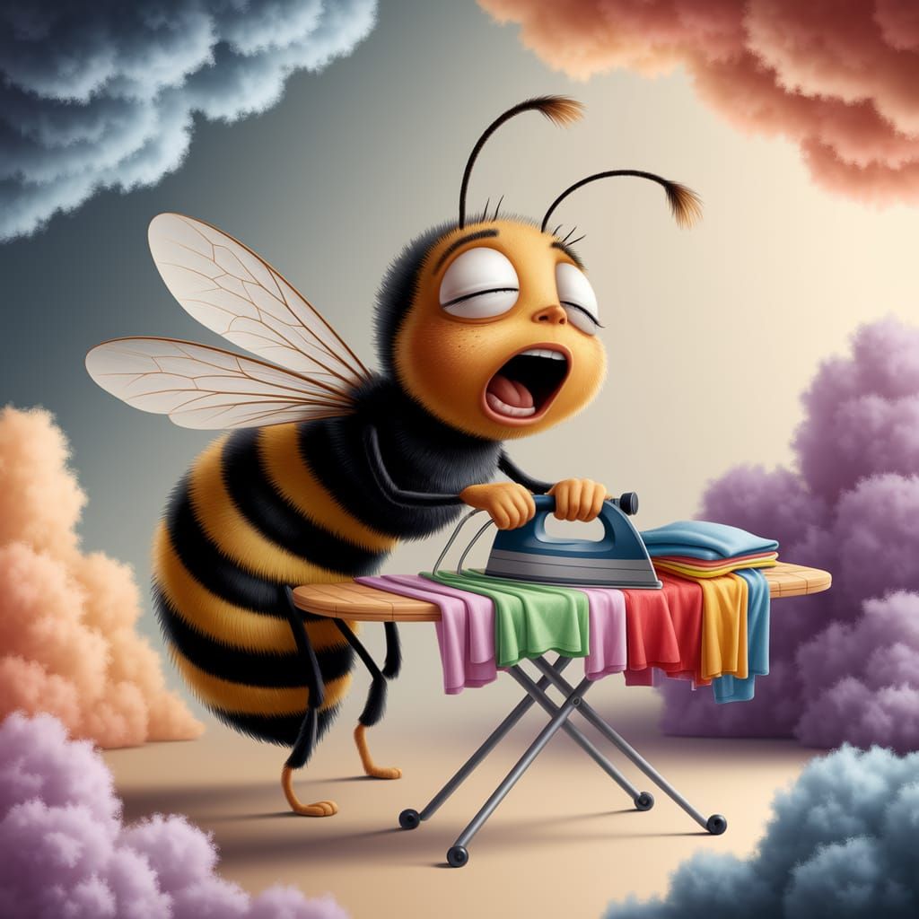 Sleepy Bee Ironing Clothes in Dreamy Cloudscape