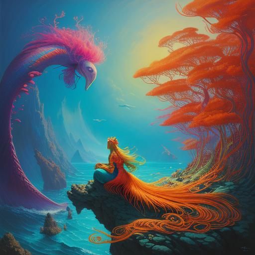 Mermaid with Peacock Tail in Surreal Oil Painting Style
