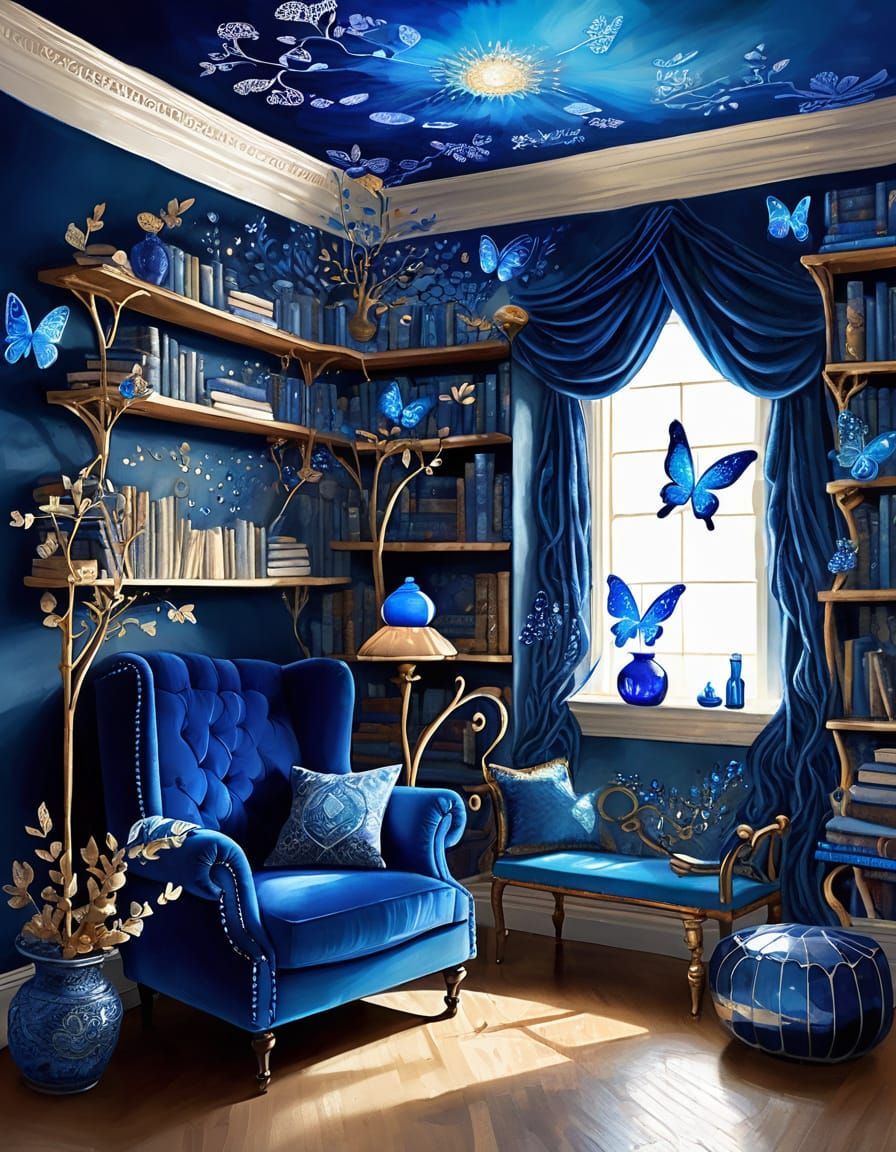 Cozy Sapphire Blue Reading Nook with Dreamlike Surrealism