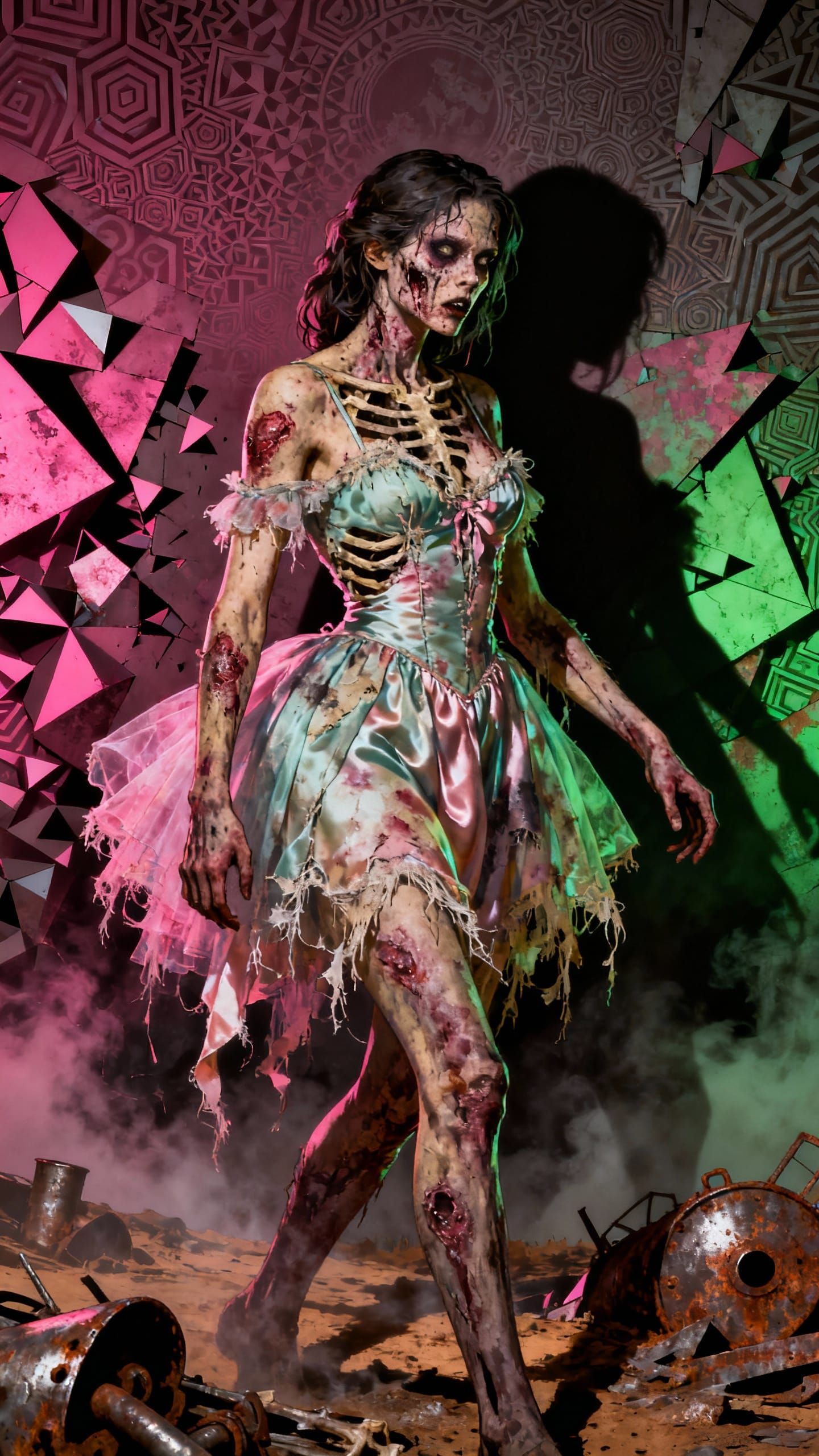 Zombie Woman in Faded Dress Wanders Wasteland