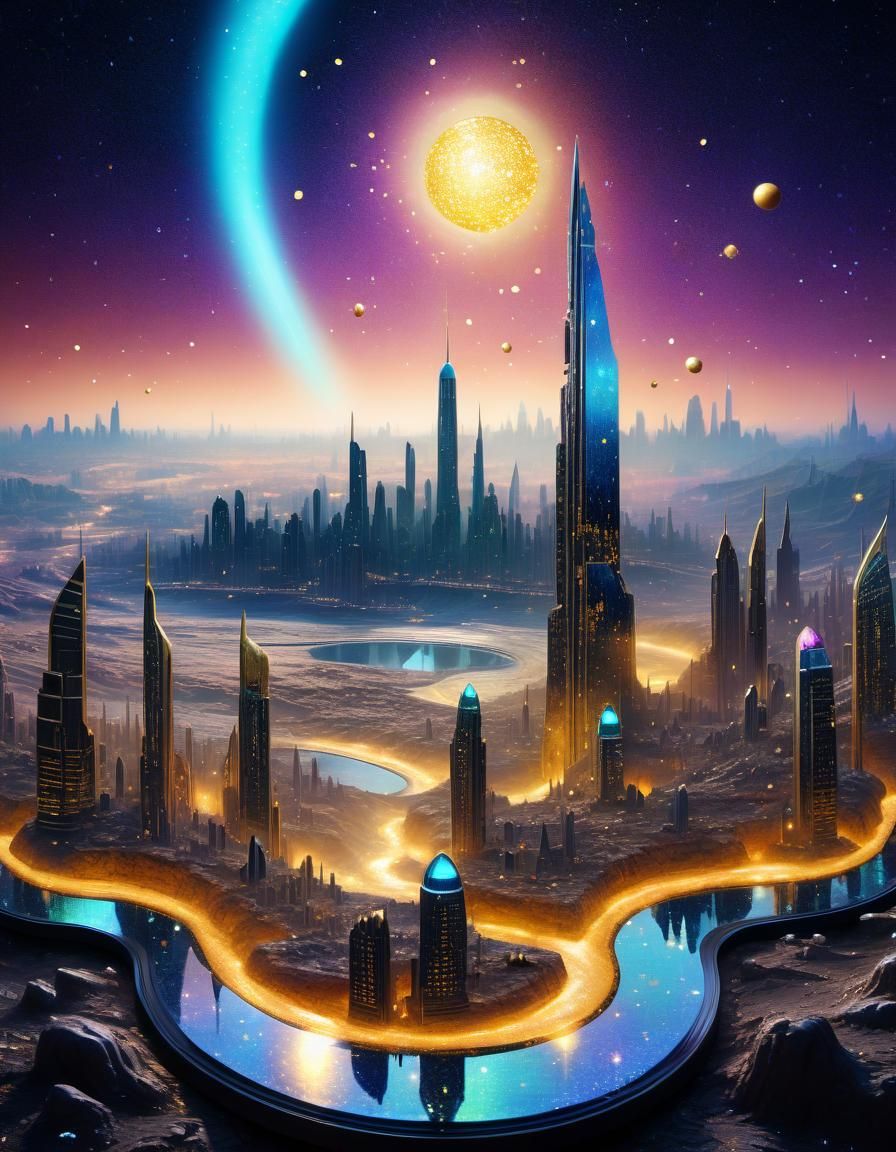 Futuristic Cityscape on Alien Planet with Glittering Stars