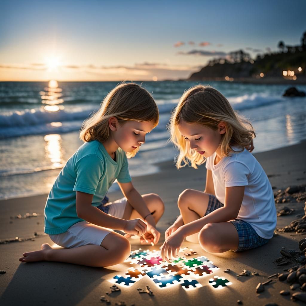 Children Solve Puzzle on Sunny Ocean Shore