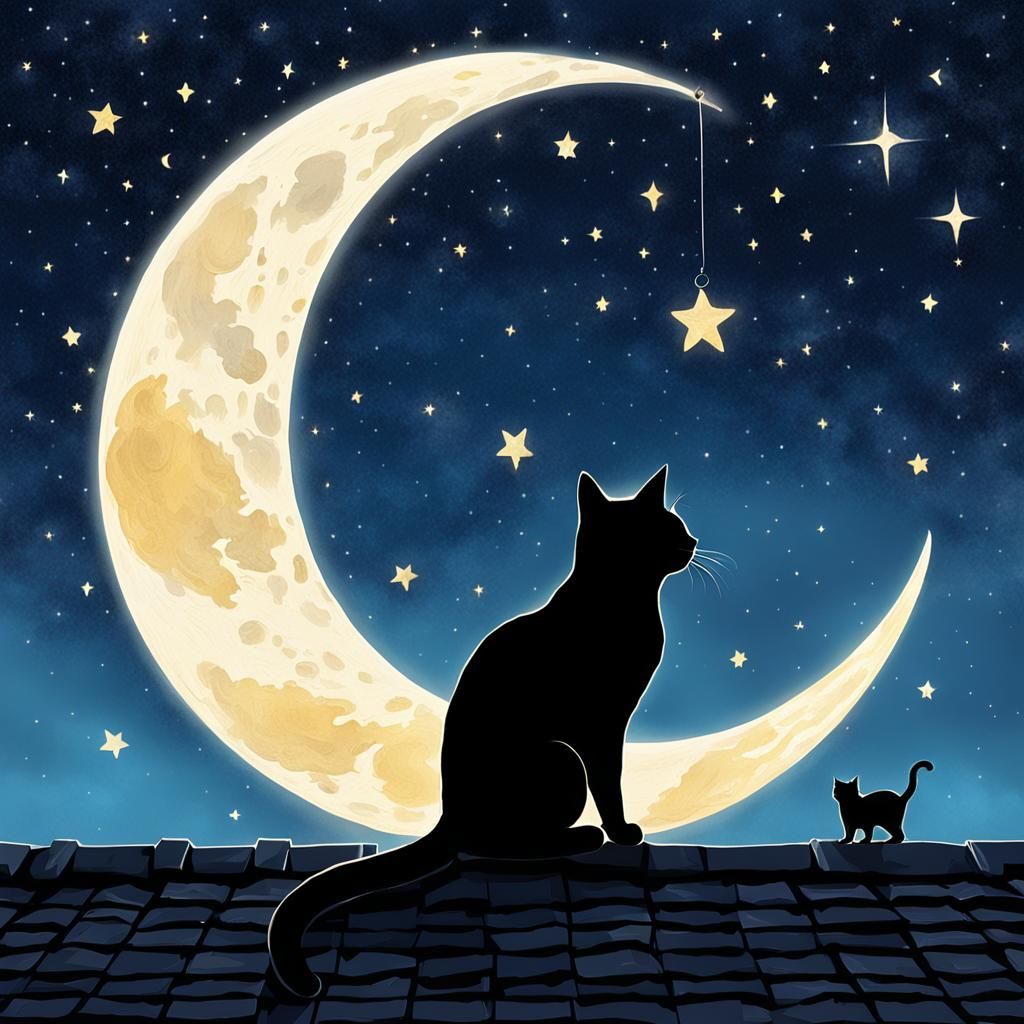 Cat Gazing at Moon from Rooftop