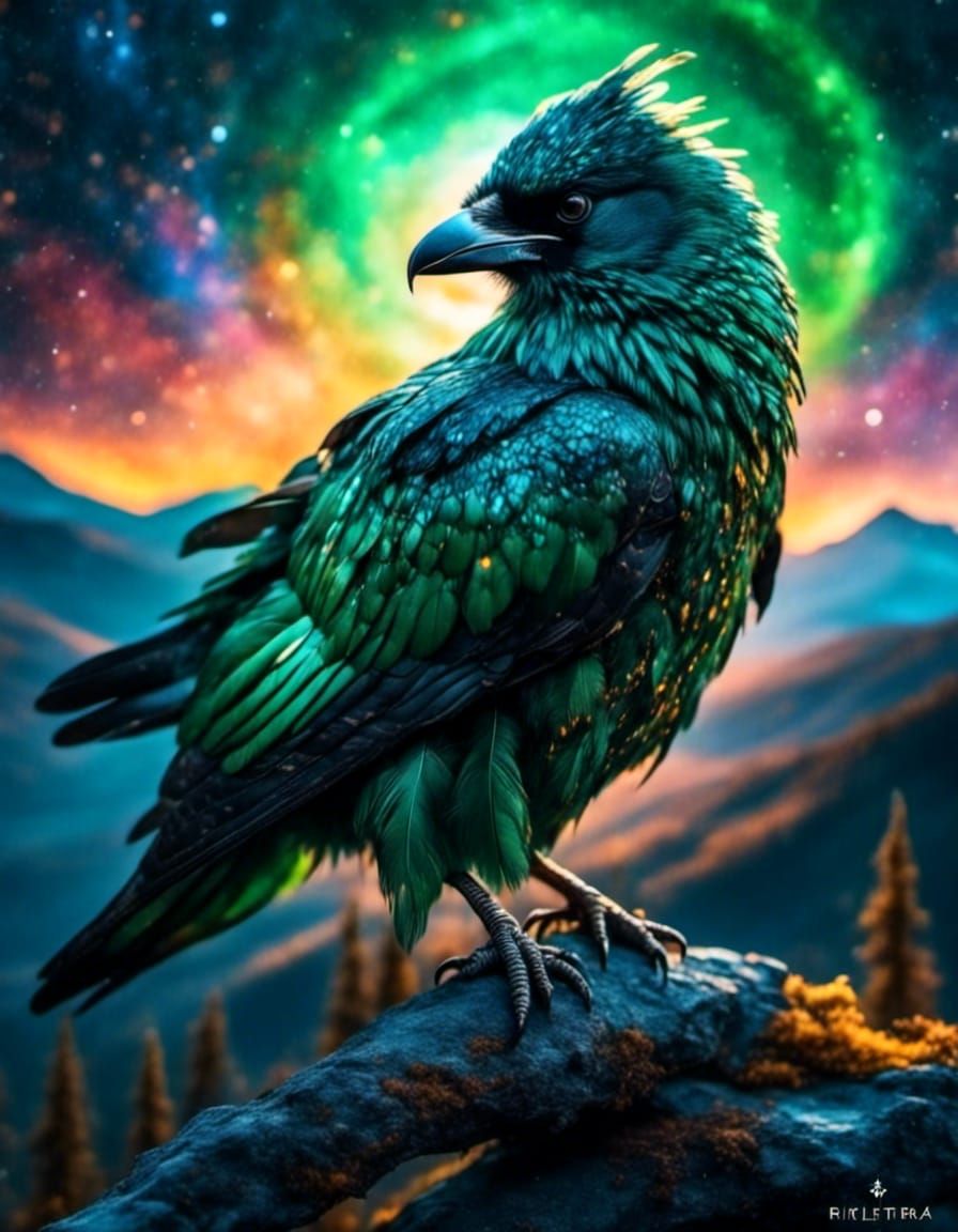 Emerald Raven with Aurora Background as Watercolor