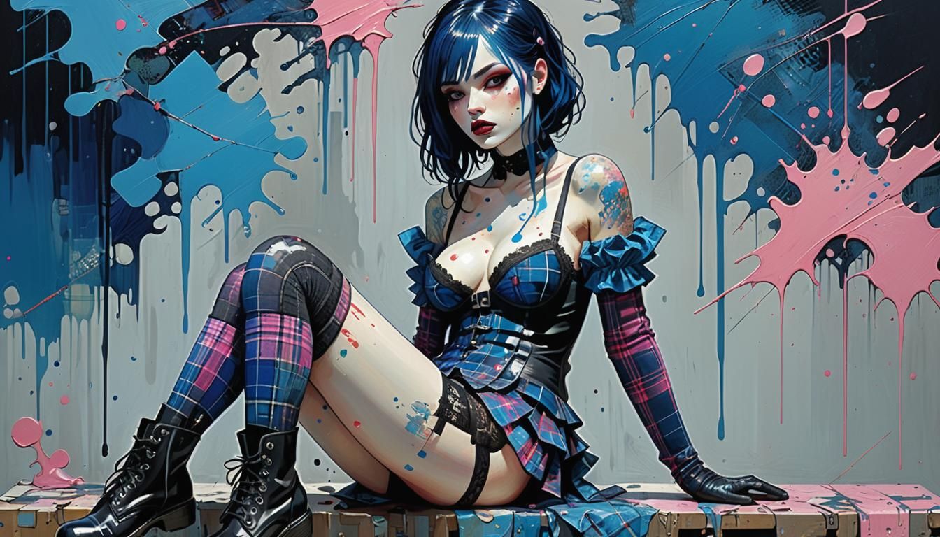 Goth Chick in Blue Lace: Impasto Splatter Painting