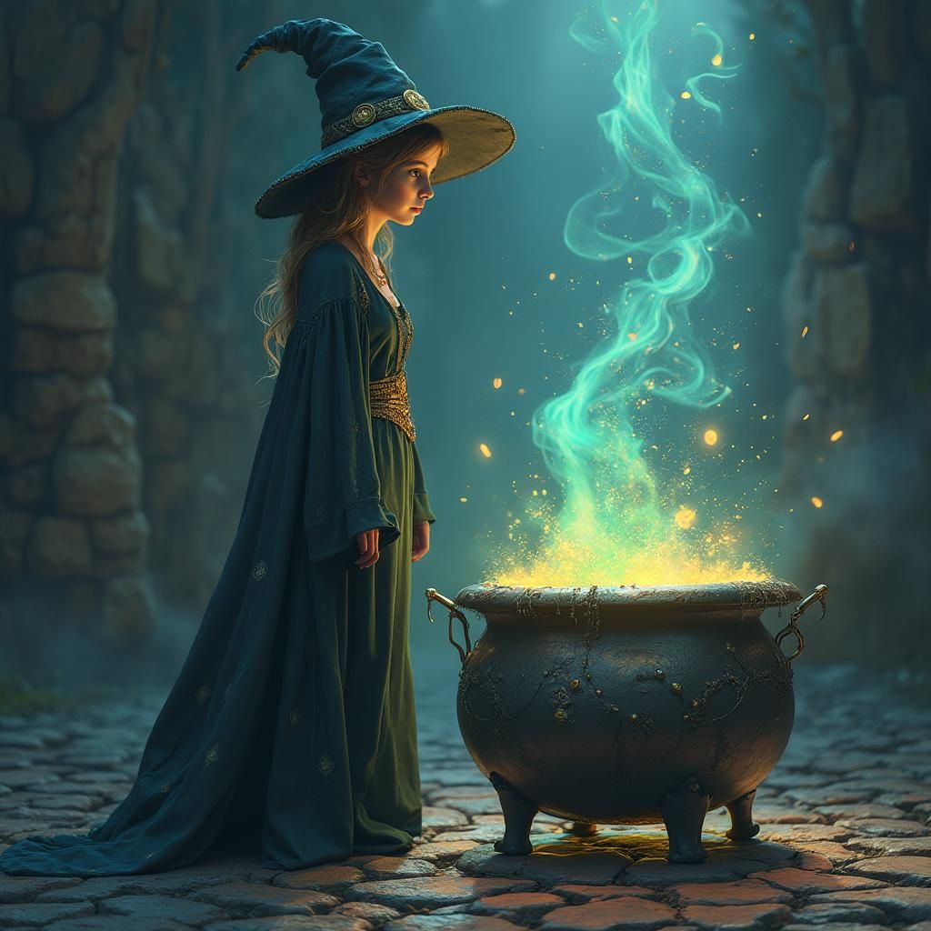 Young Witch and Magical Cauldron in Digital Art Style