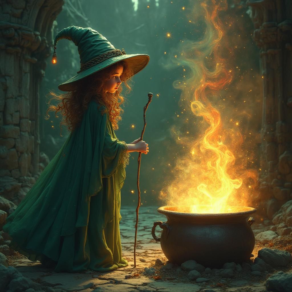Young Witch Casting Spell: Hyper-Realistic Digital Art