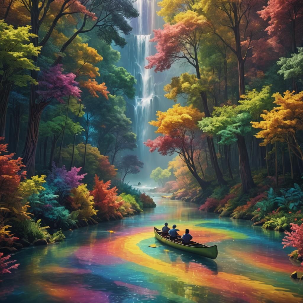 canoe in a rainbow river multicolored trees shadowy animal f...