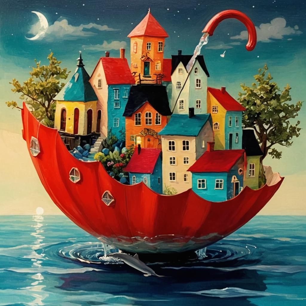 A whimsical village, complete with tiny cottages and lantern...