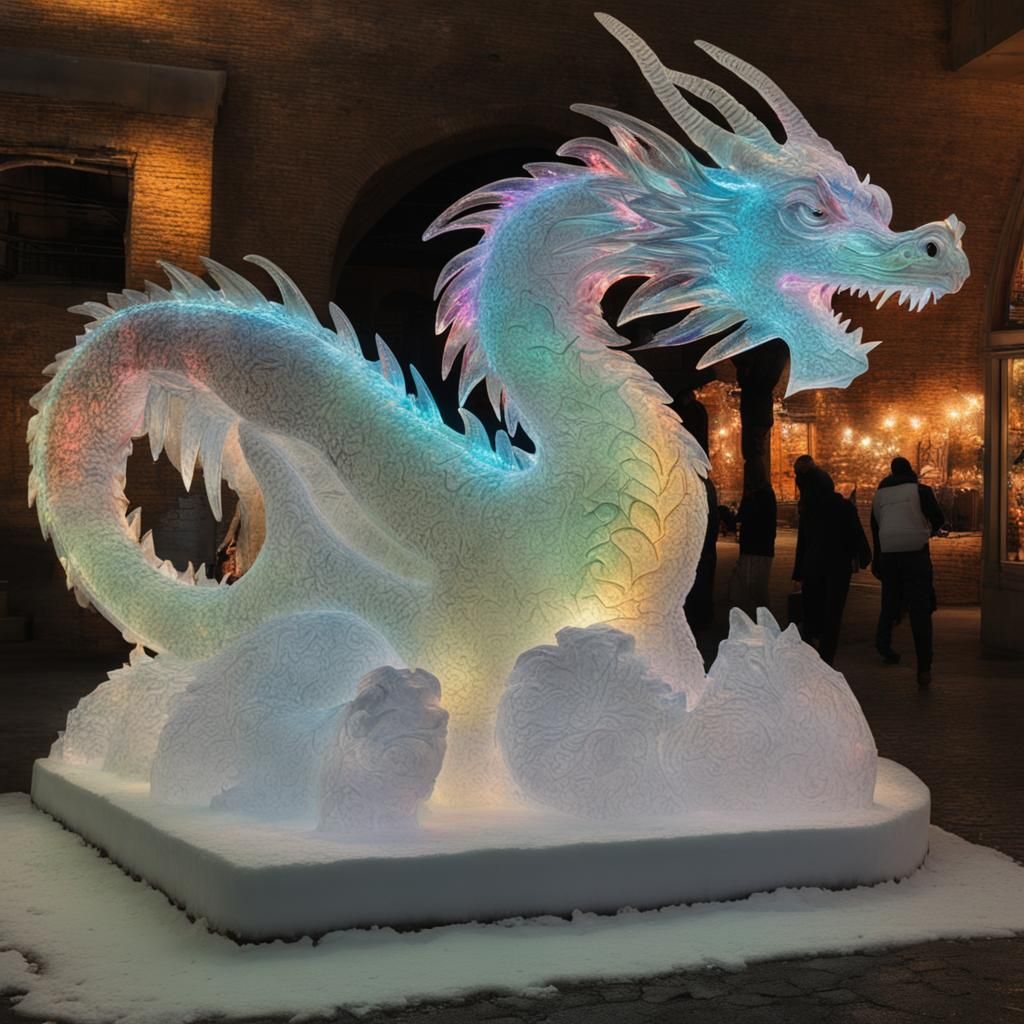 Icy Dragon Sculpture with Multicolored Lights