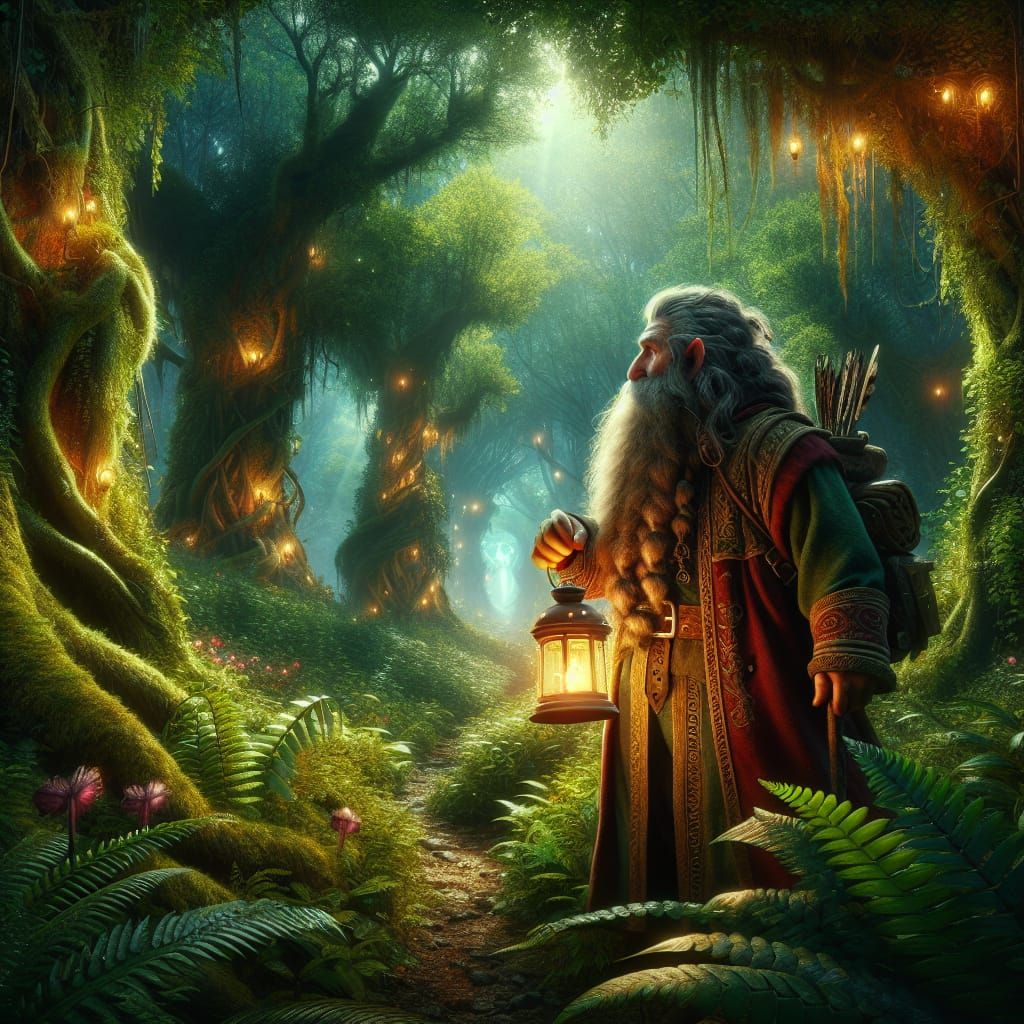 Dwarf in search of his mystical world, through a mysterious forest. 64 megapixels 8K resolution
