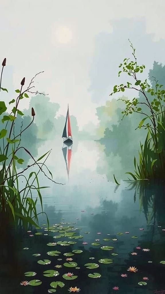 Serene Sailboat on Tranquil Lake in Watercolour Style