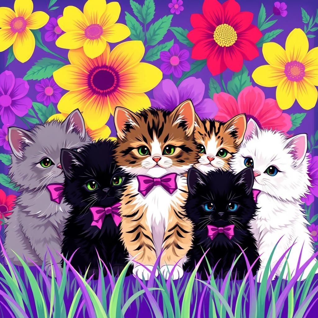 Fluffy Kittens in Neon Synthwave Floral Scene