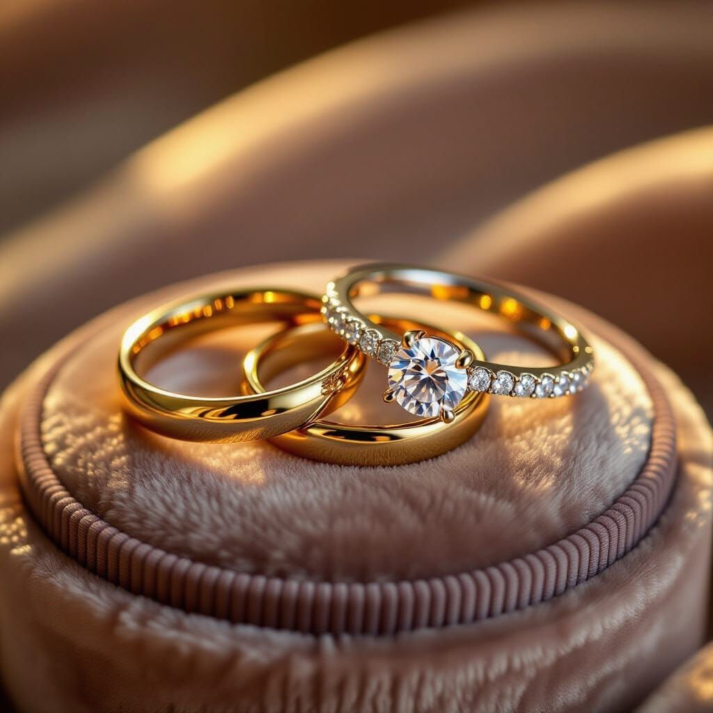 Golden, Silver, and Diamond Rings on Velvet Cushion
