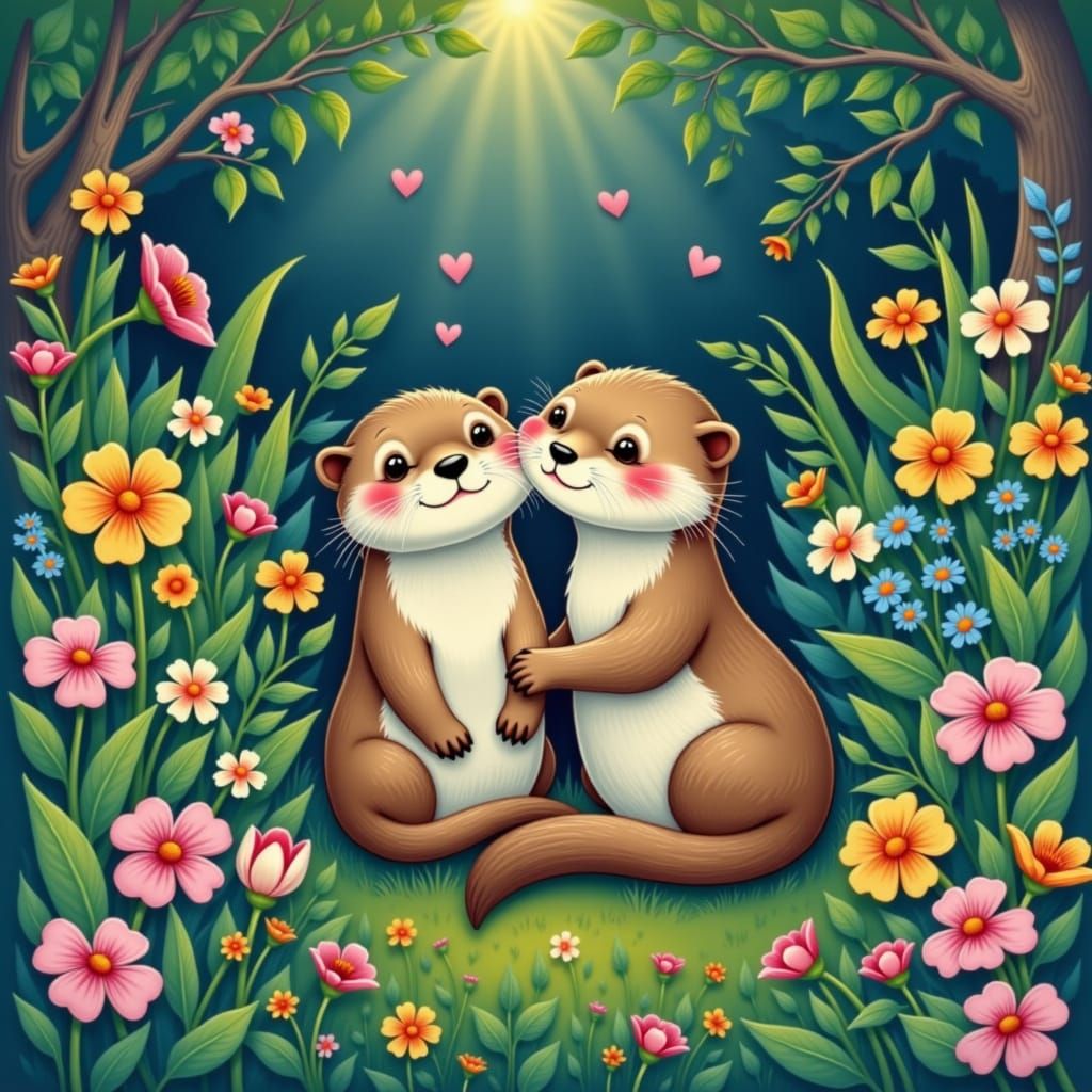 Whimsical Otter Couple in a Sunlit Forest Glade