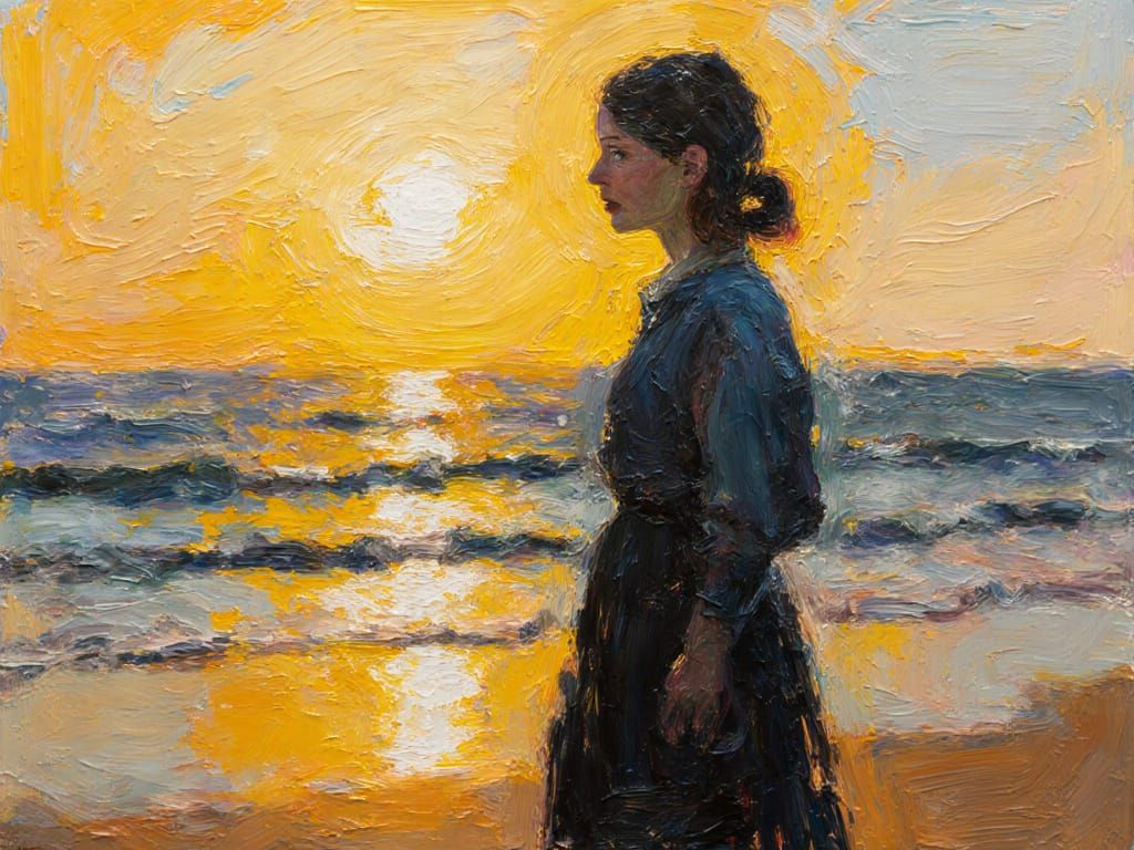 Woman on Beach at Golden Hour Acrylic Painting