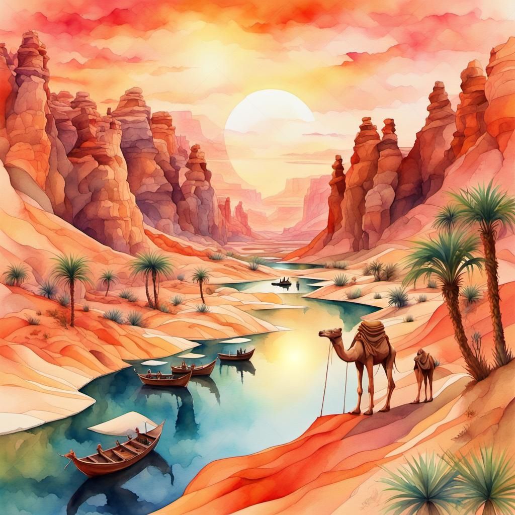 Watercolor Oasis in Desert Canyon at Sunset