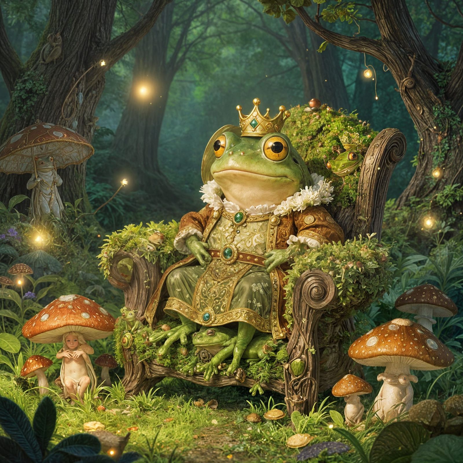Whimsical Frog King on Moss Throne in Enchanted Forest