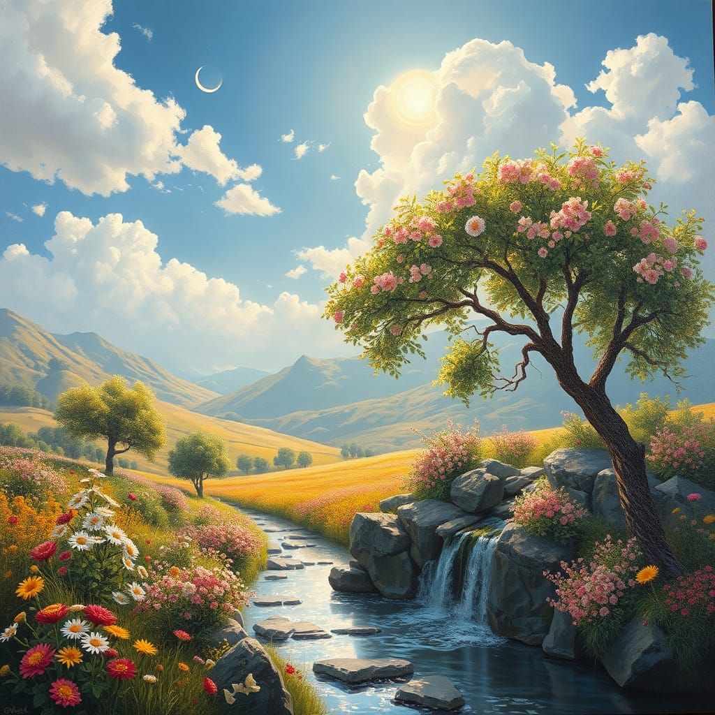 Radiant Day: Oil Painting of Blossoming Fields