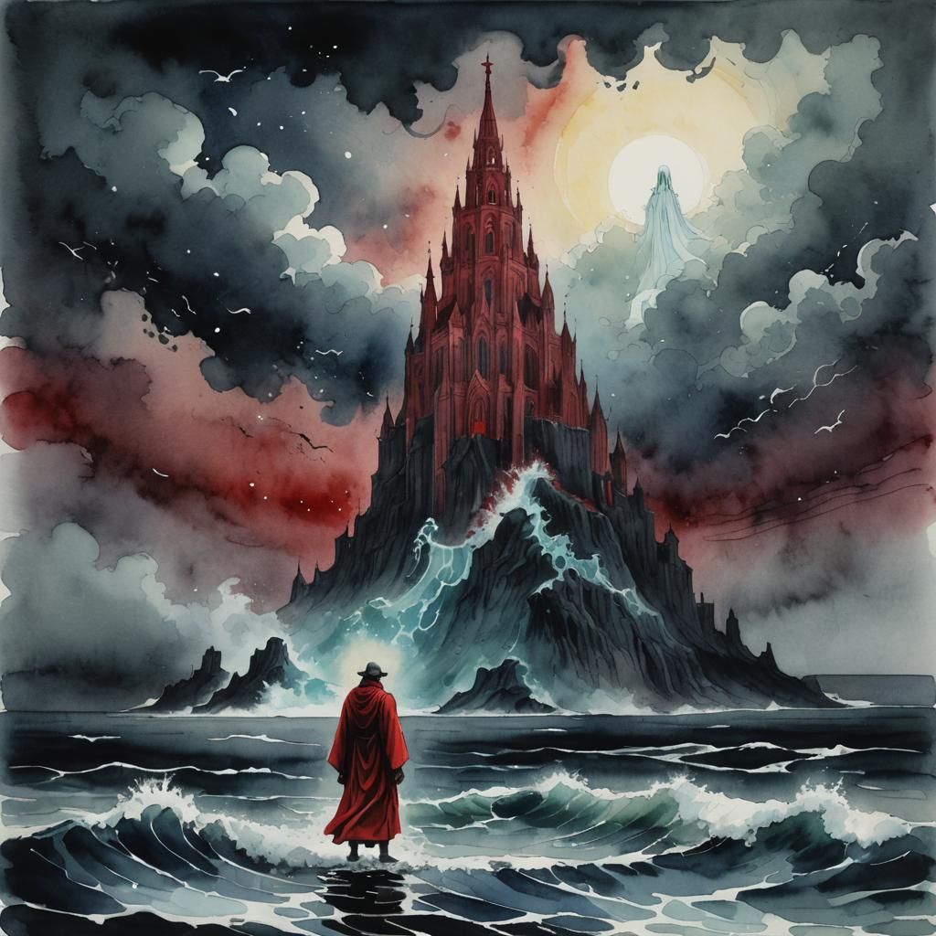 Watercolor Shaman and Ghost Cathedral in Dark Ocean