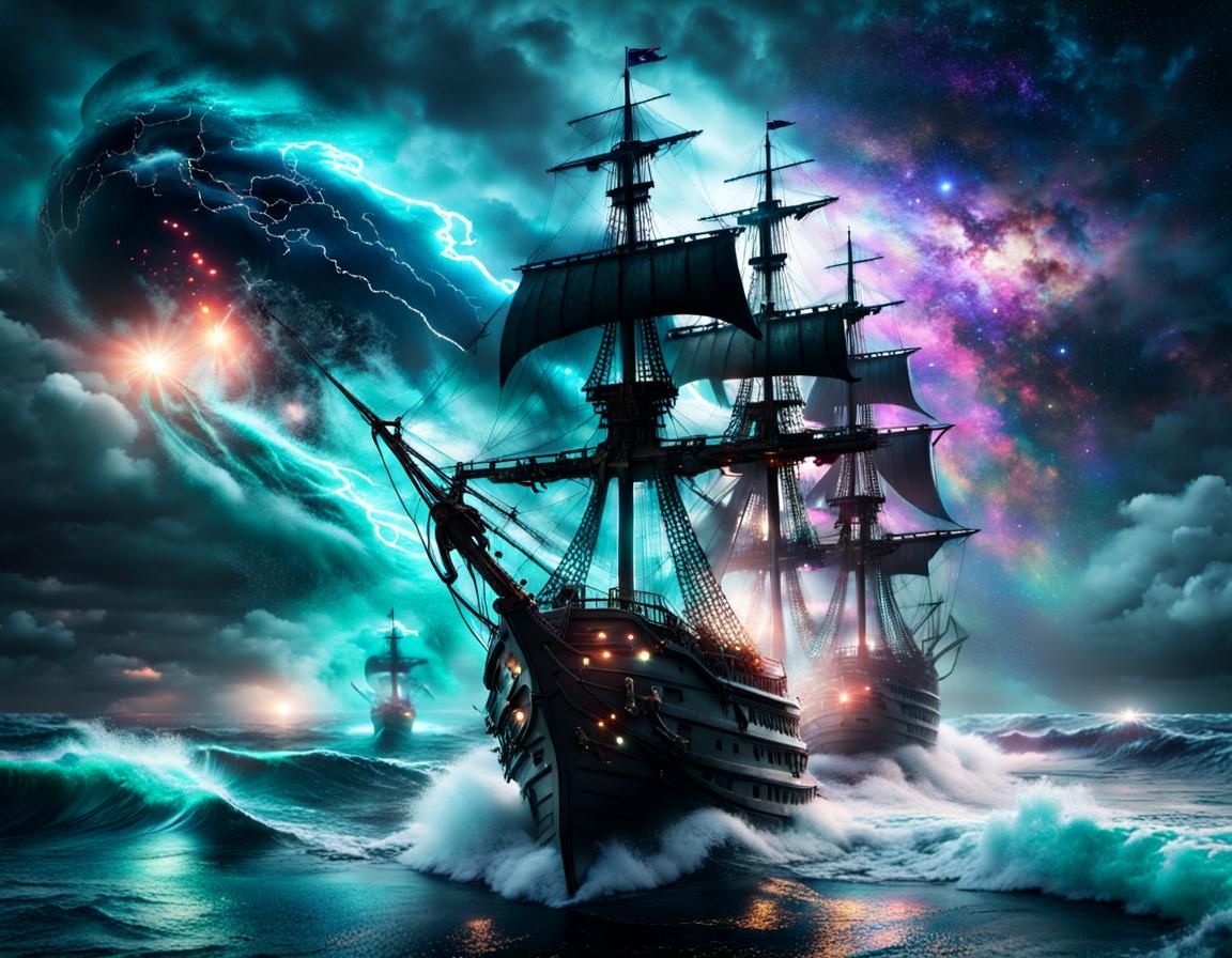Pirate Ships Battle on Bioluminescent Sea