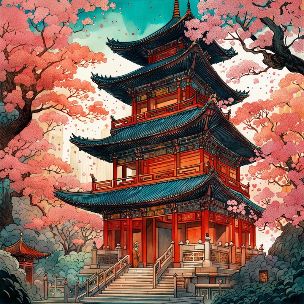 Chinese Temple and Sakura Garden in Watercolor