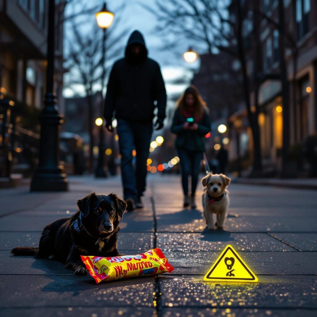 Suspicious Dog Treat on Dark Urban Sidewalk