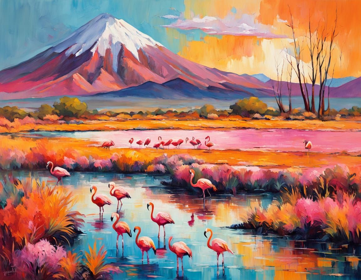 Gauguin-Inspired Atacama Desert Scene with Flamingos