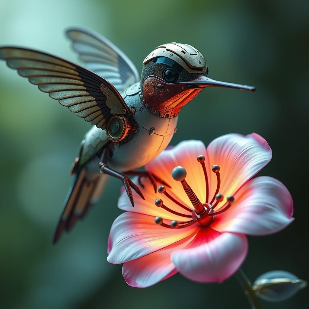 Steampunk Hummingbird Sips Nectar from Bioluminescent Flower