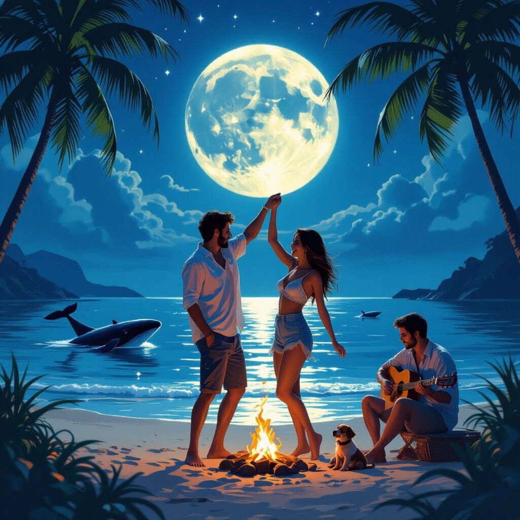 Gen-Z Couple Dancing on Beach Under Moonlight