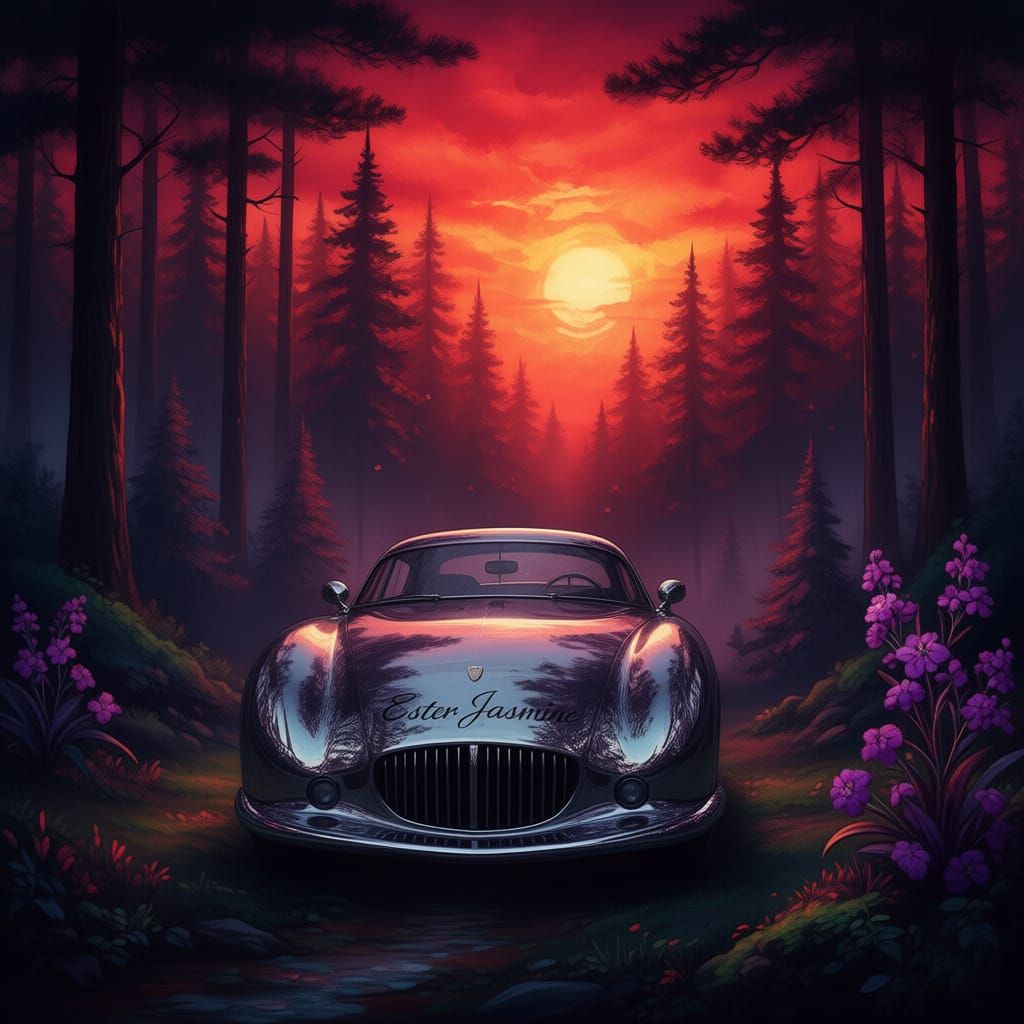 Pine Forest Sunset with Exotic Shrub in Sumi-e Style