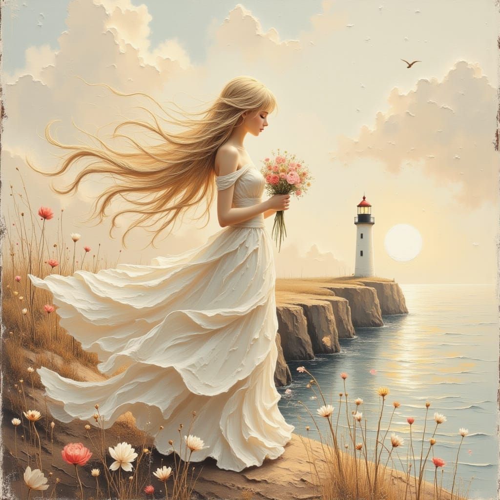 Ethereal Woman by Lighthouse in Muted Pastels