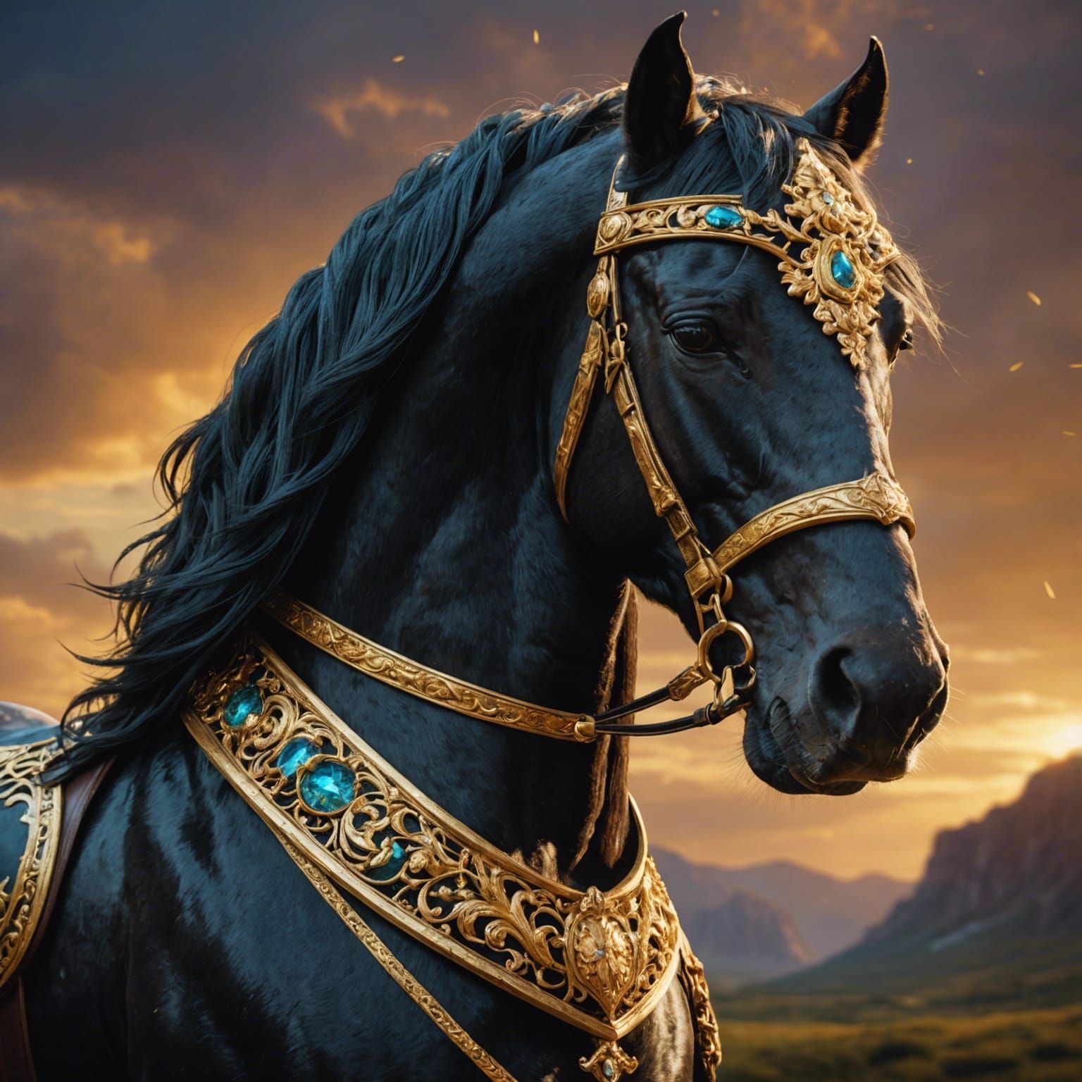Stallion Head with Golden Bridle: Fantasy Concept Art