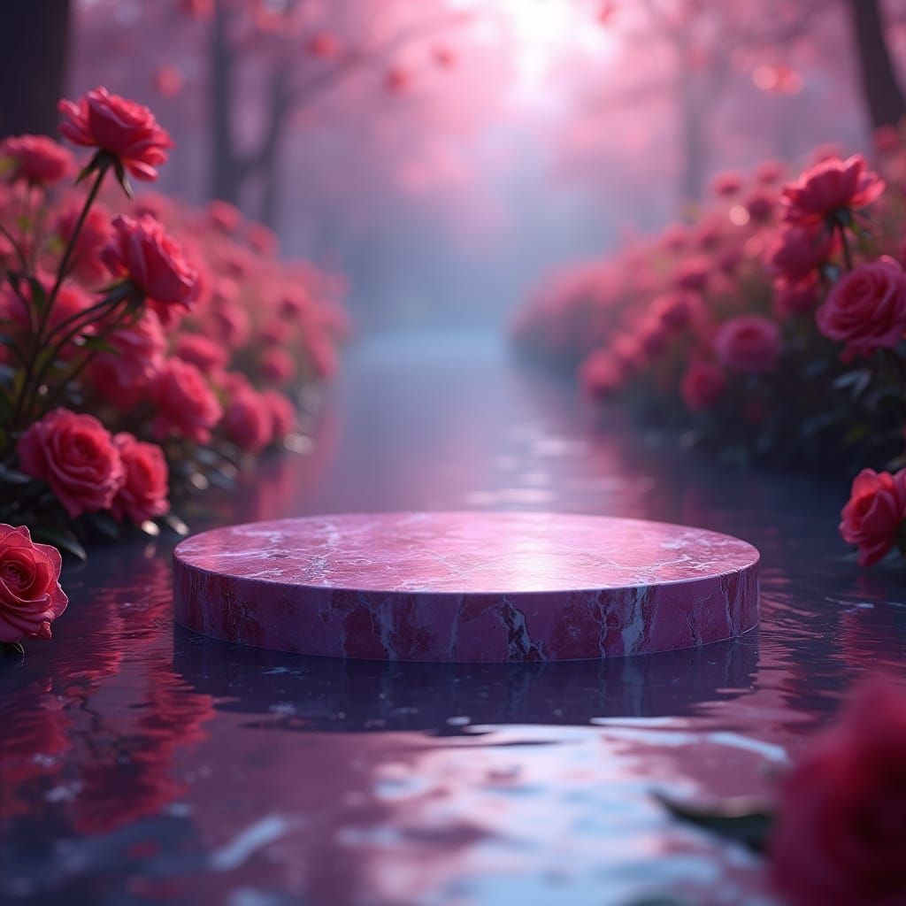 Elegant Purple Roses Bloom on Glassy Podium in Dreamy Light