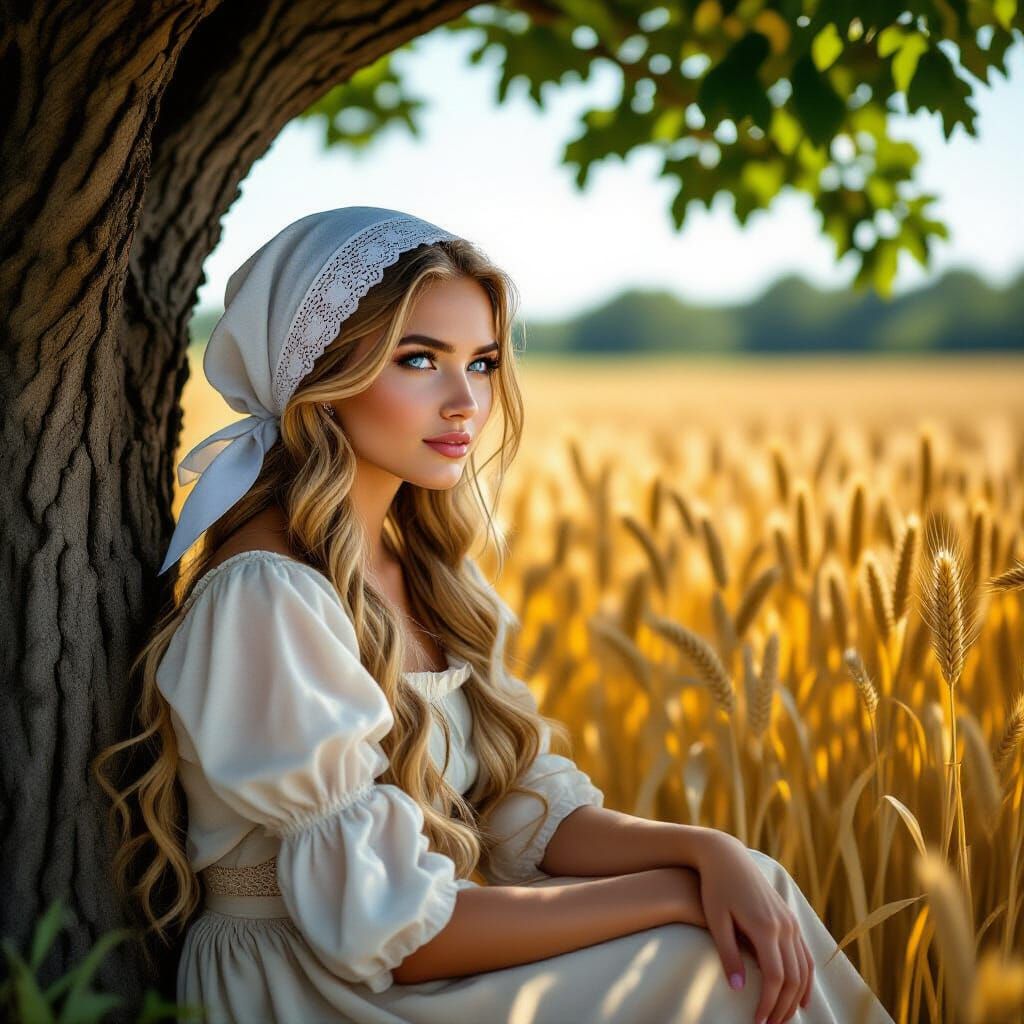 Ash-Blond Maiden in Wheat Field, Photorealistic