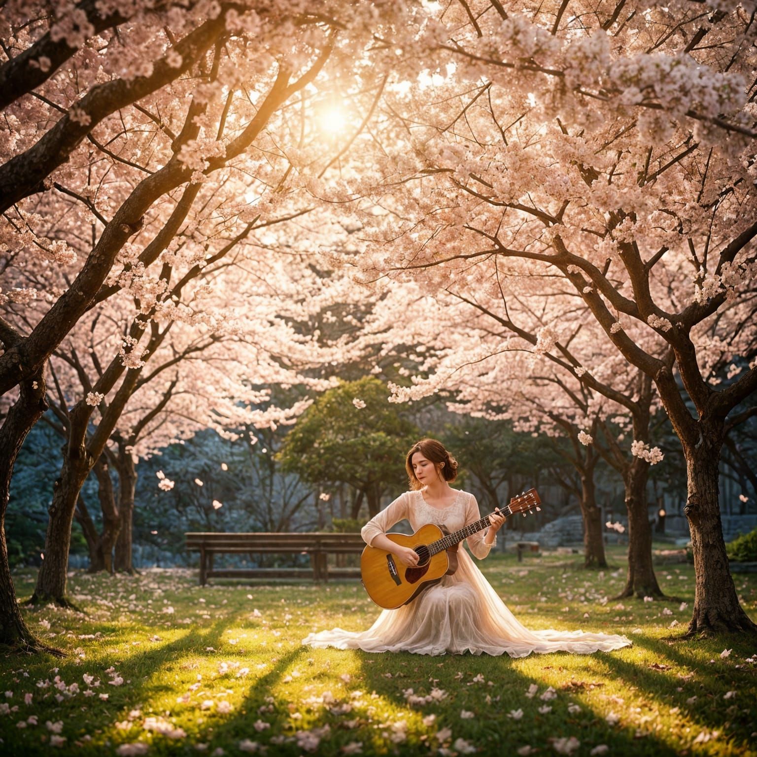 Dreamy Cherry Blossom Scene with Guitar and Piano